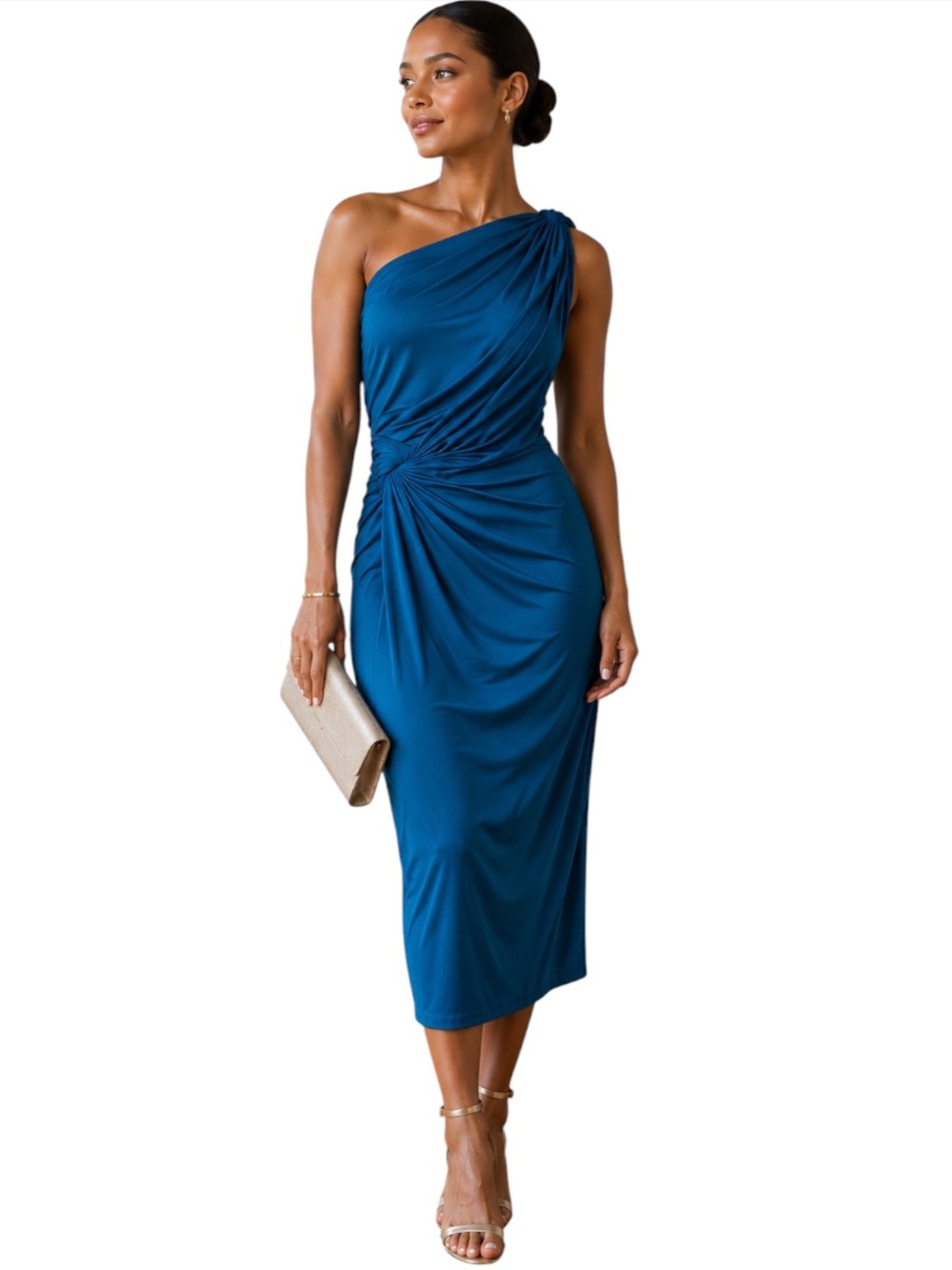 Tadashi Collection Asymmetrical One Shoulder Ruched Dress Size M Teal Elegant